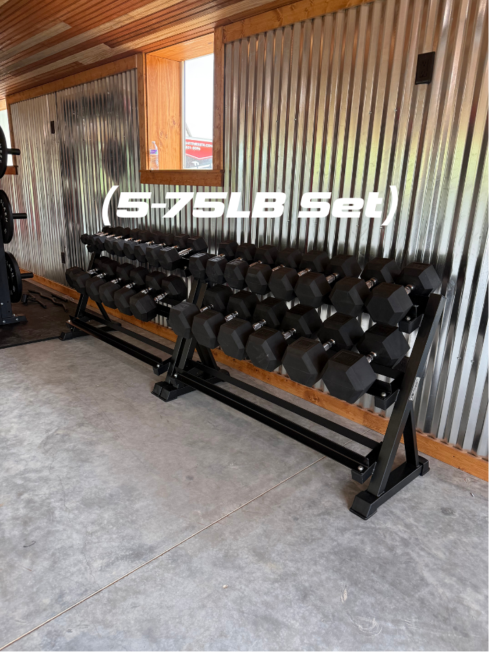 Flash Fitness Rubber Hex Dumbbell Set + Weight Rack Bundle